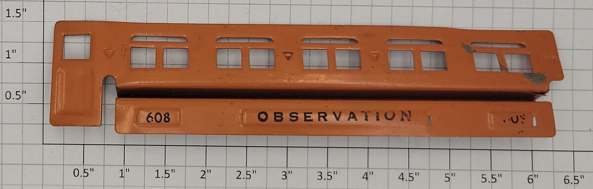 Lionel 608-3 Prewar Repainted Orange Observation Car Metal Window Insert