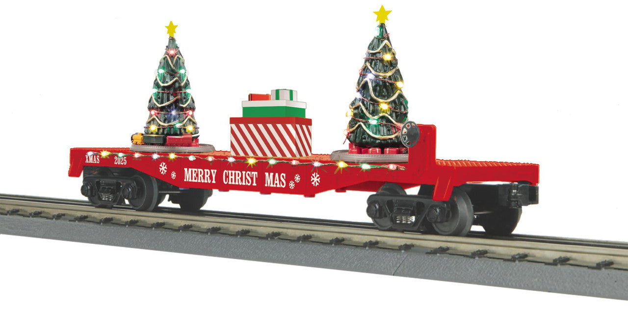 MTH 3076942 O RailKing Christmas Flat Car with Lighted Christmas Trees