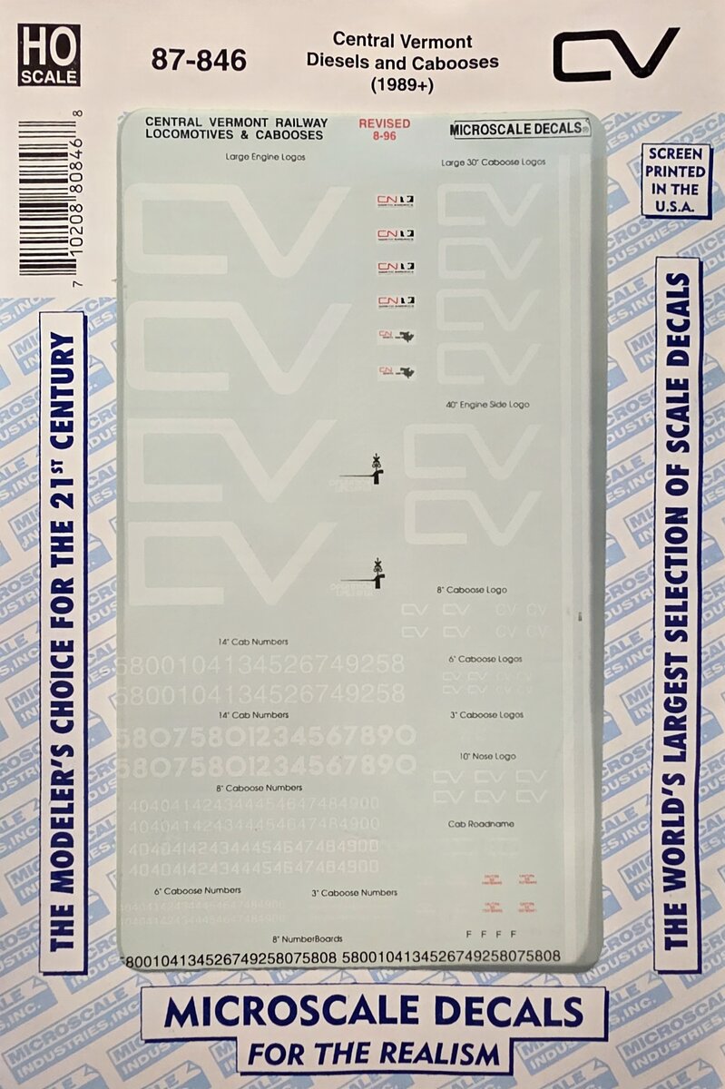 Microscale 87-846 HO Central Vermont Diesels and Cabooses (1989+) Decal Set
