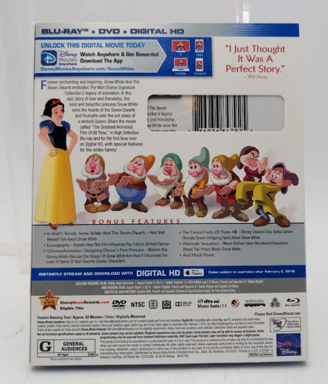 Disney 47925 Snow White And The Seven Dwarfs Blue Ray and DVD Digital HD