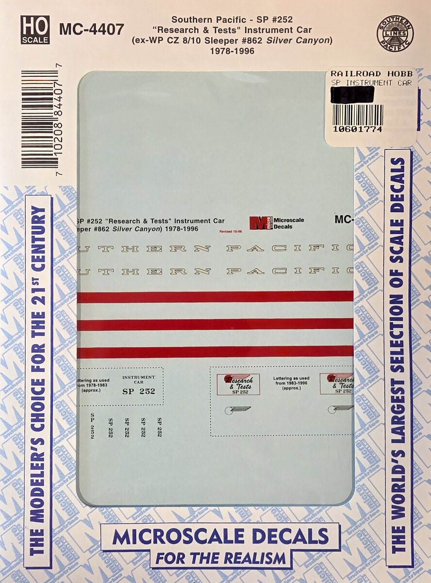 Microscale MC-4407 HO SP #252 Research & Tests Instrument Car Decals