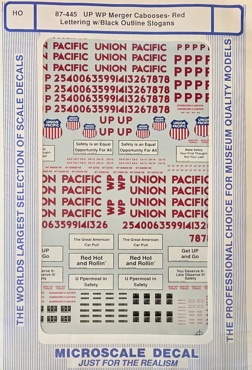 Microscale 87-445 HO UP WP Merger Cabooses Red Lettering w/Black Outline Decals