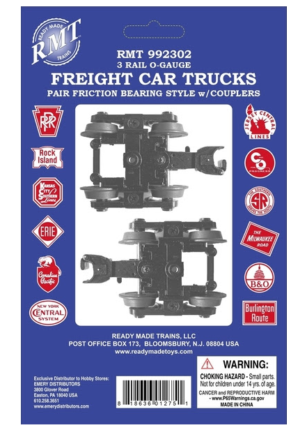 RMT 992302 O 3 Rail Freight Car Trucks w Friction Bearings (Pack of 2)