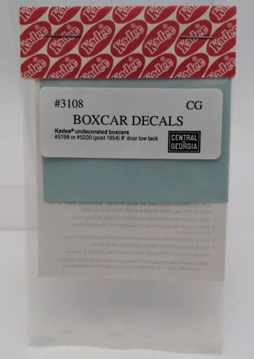 Kadee 3108 HO Scale Central of Georgia Kadde Undecorated Boxcar Decal