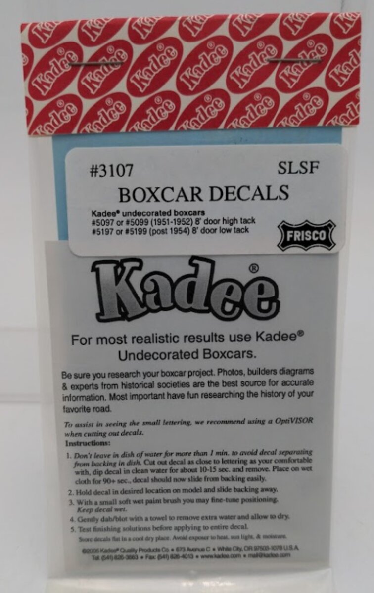 Kadee 3107 HO Scale Frisco Kadde Undecorated Boxcar Decal
