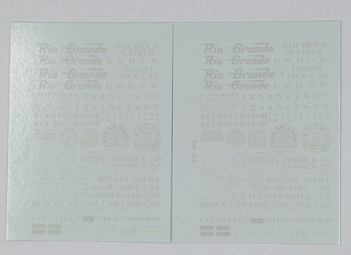 Thinfilm Decals 102A HOn Denver and Rio Grande Work Train White Decal Set
