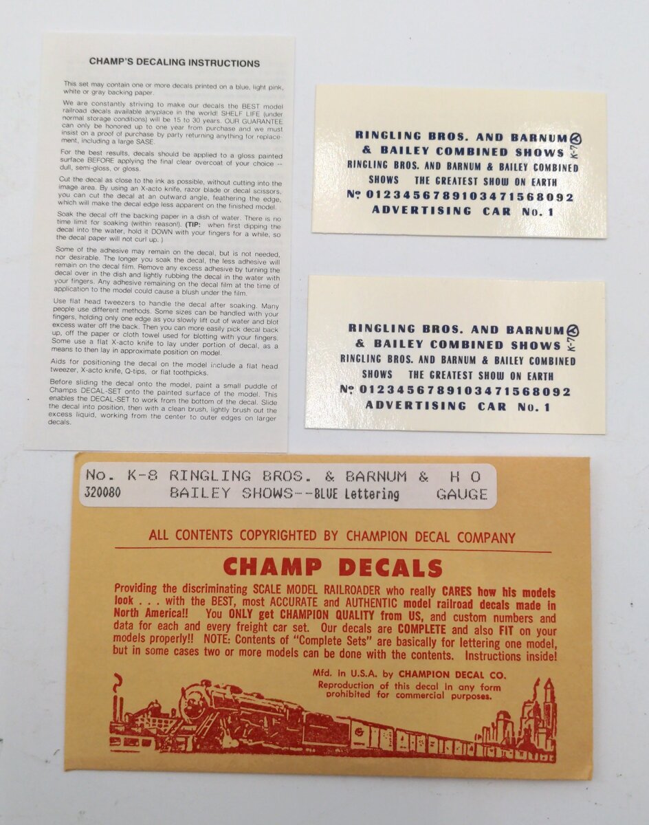 Champ Decals K-8 HO Ringling Bros. & Barnum & Bailey Decals