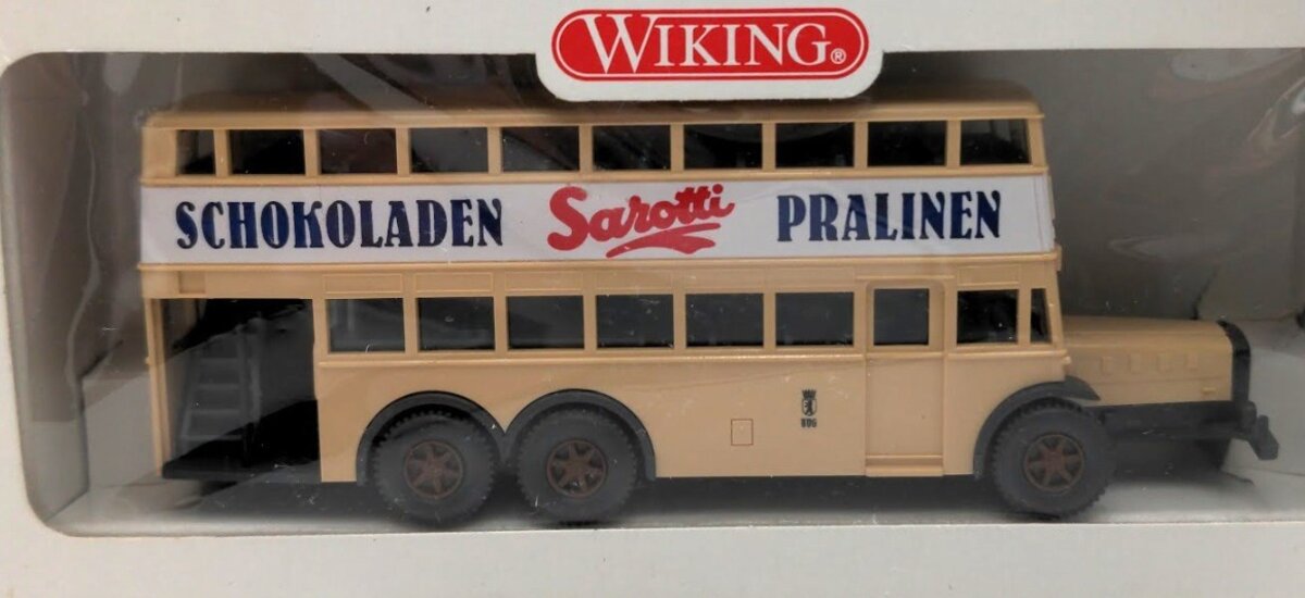 Wiking 87300 HO Scale Veteran Berliner Double Decker Bus Sarotti Schokoladen