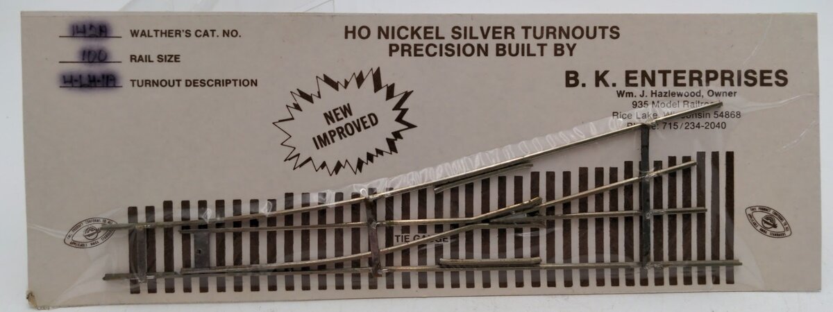 B.K. Enterprises 142A HO Scale # 4 Left Hand Nickel Silver Turnout