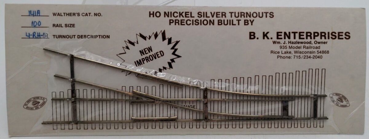 B.K. Enterprises 141A HO Scale # 4 Right Hand Nickel Silver Turnout