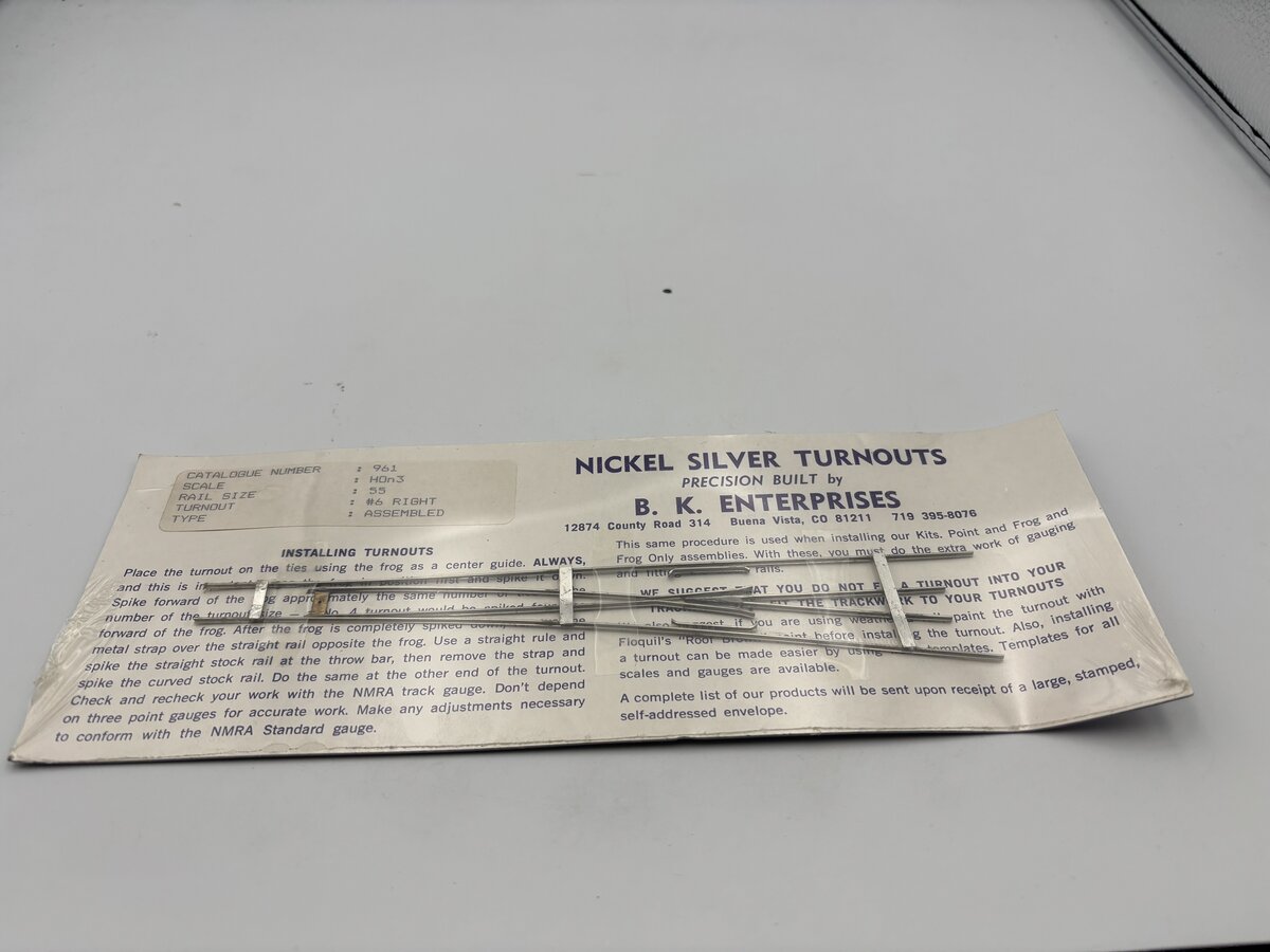 B.K. Enterprises 961 HOn3 55 6 Right Nickel Silver Turnout