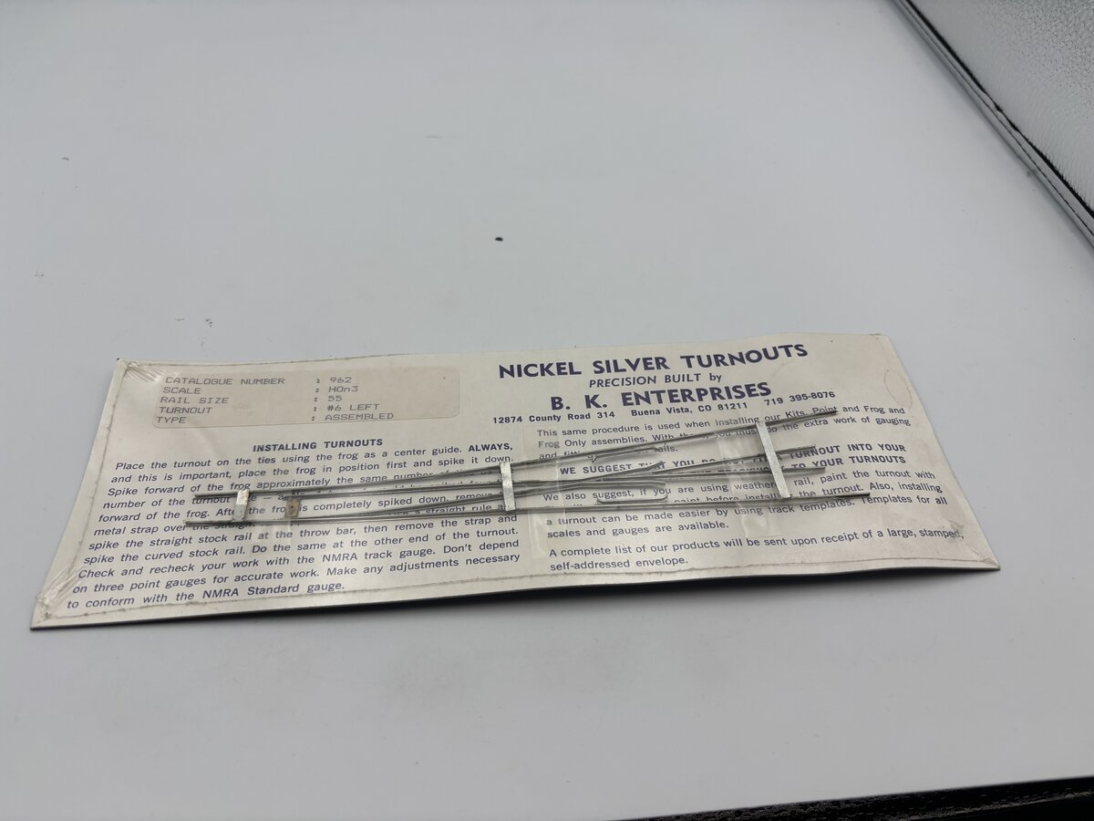B.K. Enterprises 962 HOn3 55 6 Left Nickel Silver Turnout