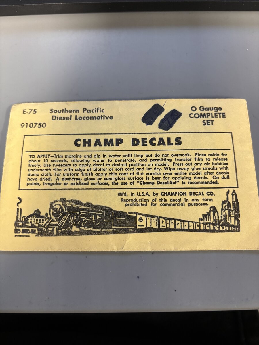 Champ Decals E-75 O Southern Pacific Diesel Locomotive Decal
