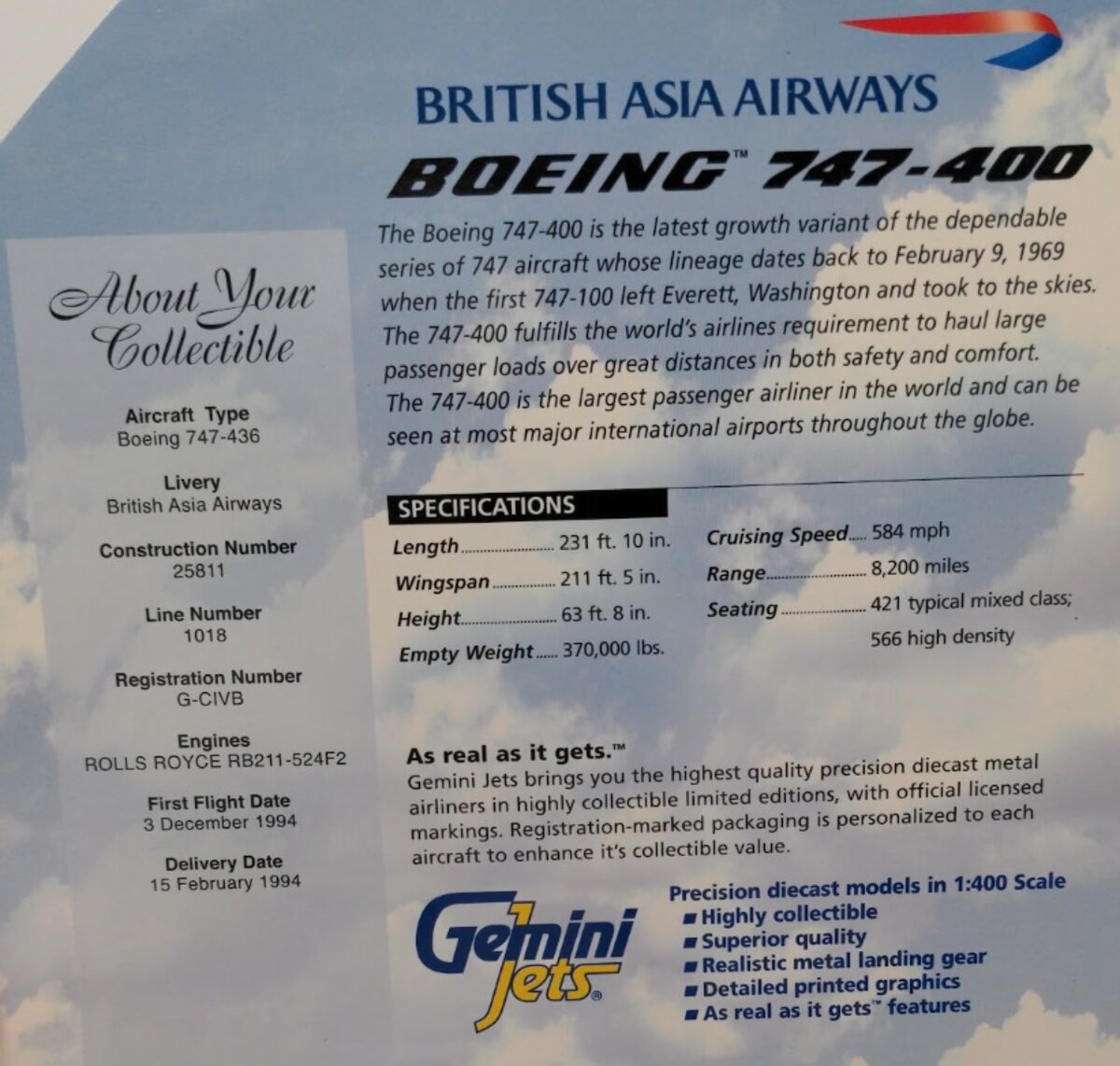 Gemini Jets GJBAW021 1:400 British Asia Airways B 747-400 Limited Edition