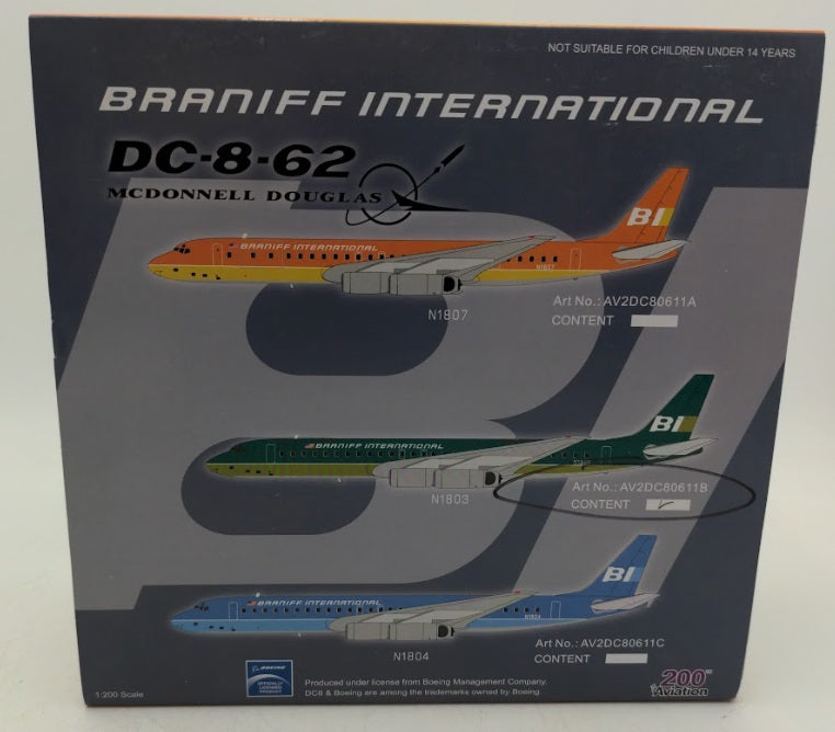 Aviation 200 AV2DC80611B 1:200 Braniff International DC-8-62 McDonnell Douglas