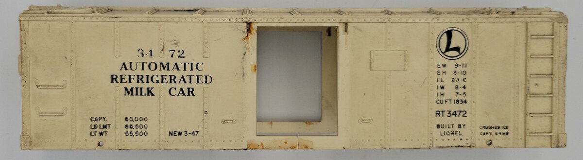Lionel 3472-61 Eggshell Milk Car Shell w/ Operating Hatch and Broken Door Frames
