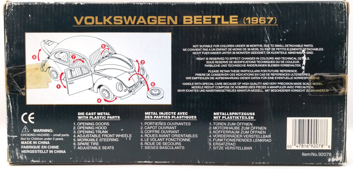 YatMing Road Tough 92078 1:18 Diecast 1967 Volkswagen Beetle (Yellow)