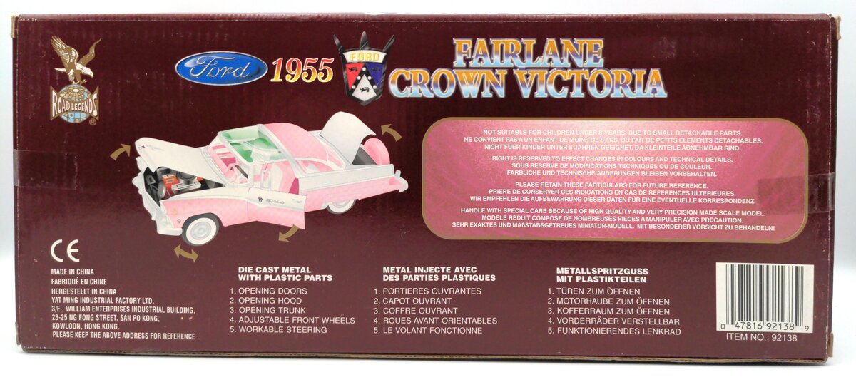 YatMing 92138 1:18 Die-Cast 1955 Fairlane Crown Victoria (Pink and White)