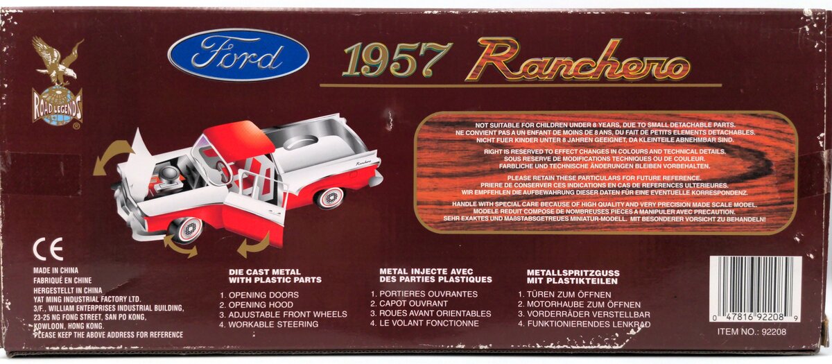 YatMing Road Legends 92208 1:18 1957 Ford Ranchero (Red and White)