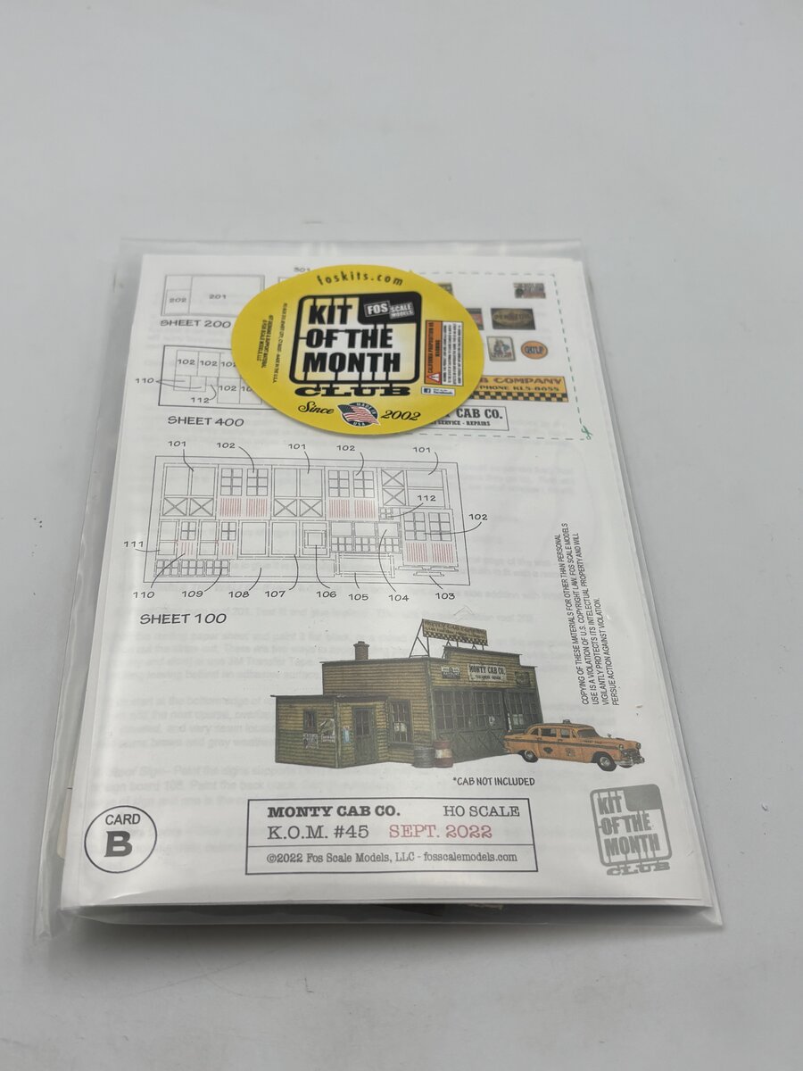FOS Scale Limited 45 HO Scale Monty Cab Co. Kit