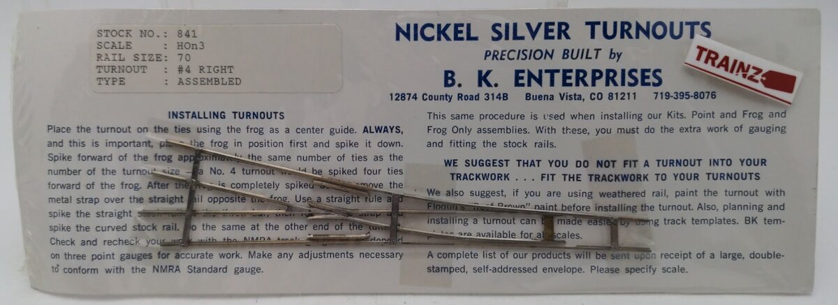 B.K. Enterprises 841 HOn3 Code 70 Right # 4 Nickel Silver Turnouts