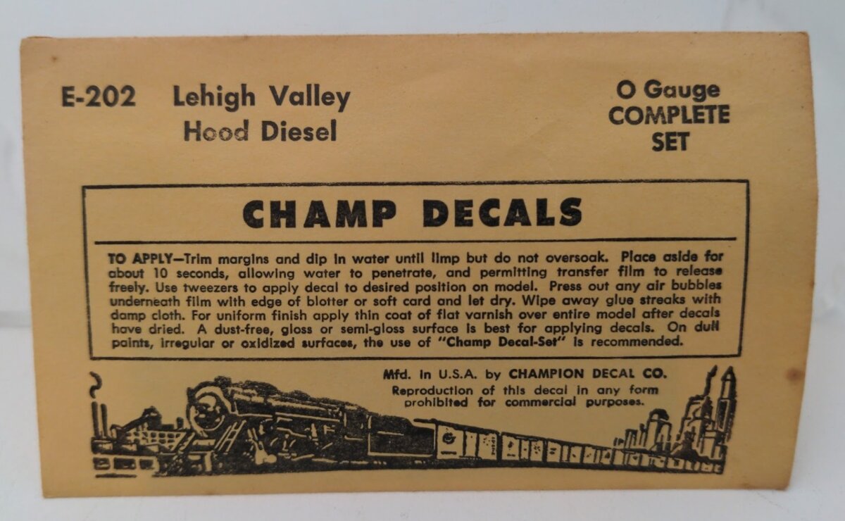 Champ Decals E-202 O Gauge Lehigh Valley Hood Diesel Complete Set Decal