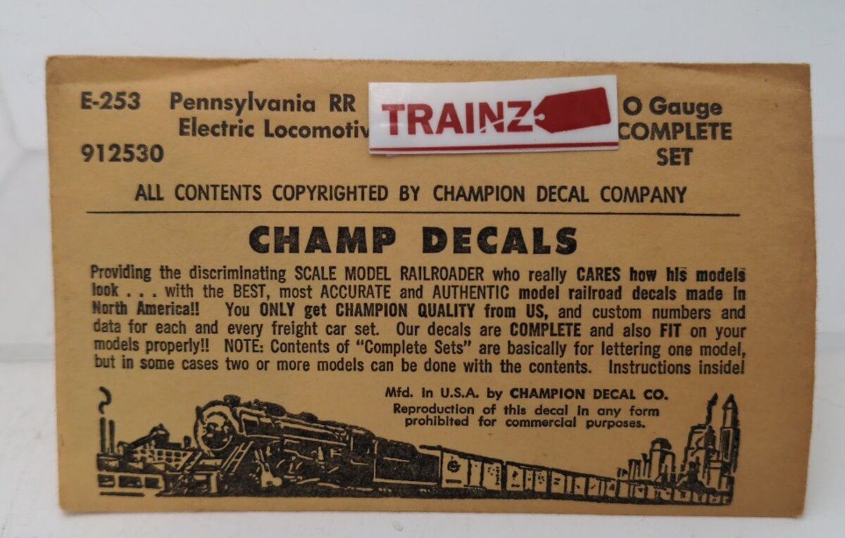 Champ Decals E-253 O Gauge Pennylvania RR Electric Locomotive Complete Set Decal