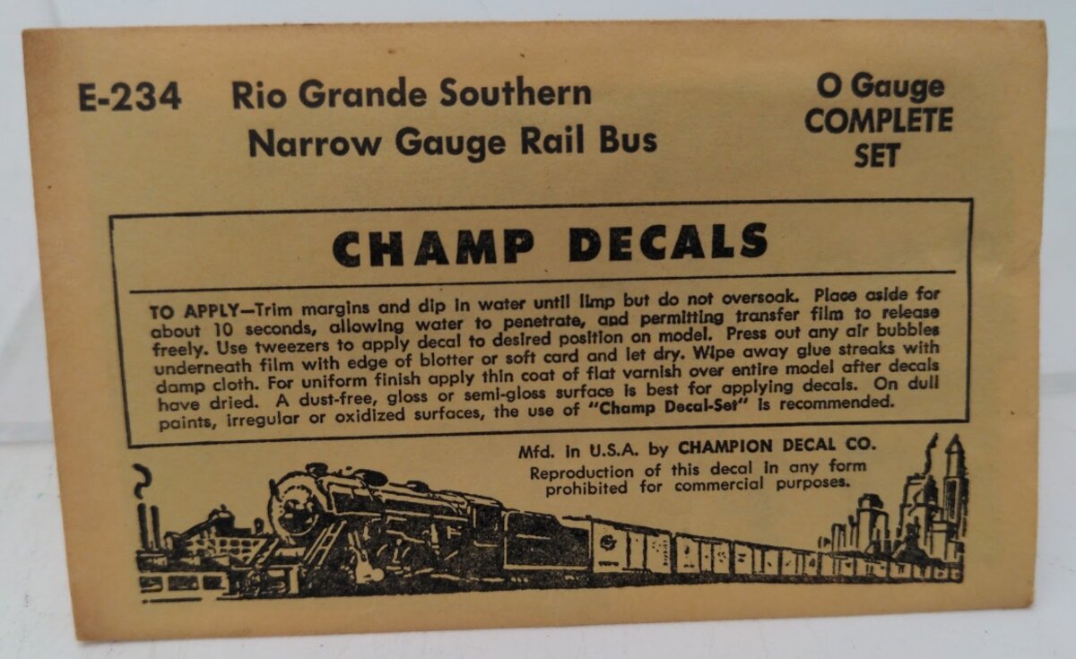 Champ Decals E-234 O Rio Grande Southern Narrow Gauge Rail Bus Set Decal