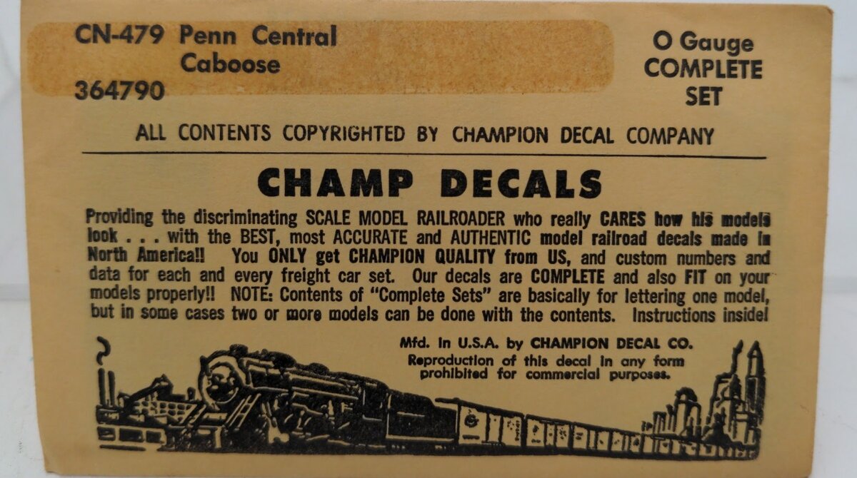 Champ Decals CN-479 O Gauge Penn Central Caboose Complete Set Decal