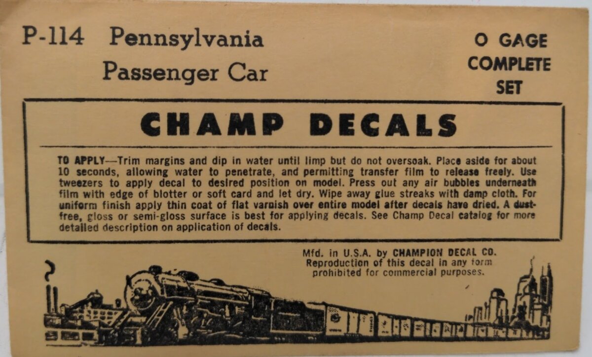 Champ Decals P-114 O Gauge Pennsylvania Passenger Car Complete Set Decal