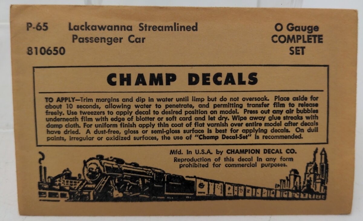 Champ Decals P-65 O Gauge Lackawanna Streamlined Passenger Car Complete Set