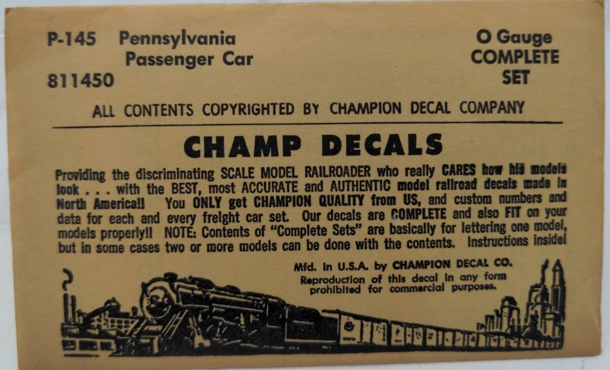 Champ Decals P-145 O Gauge Pennsylvania RR Passenger Car Decal Complete Set