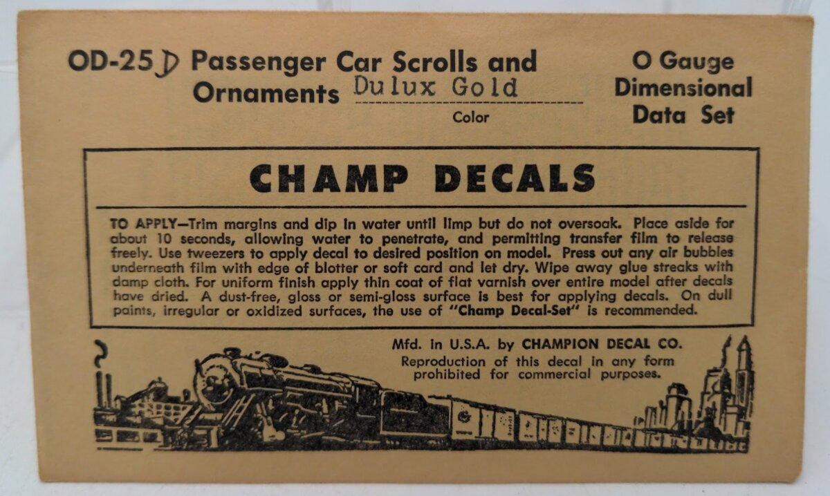 Champ Decals OD-25 O Dulux Gold Passenger Car Scrolls & Ornaments Data Set