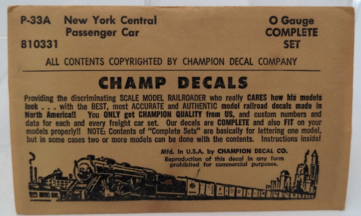 Champ Decals P-33A O Gauge New York Central Passenger Car Complete Set