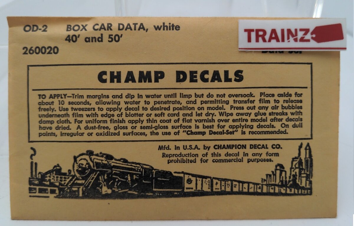 Champ Decals OD-2 O Gauge Box Car Data White 40' & 50' Dimensional Data Set