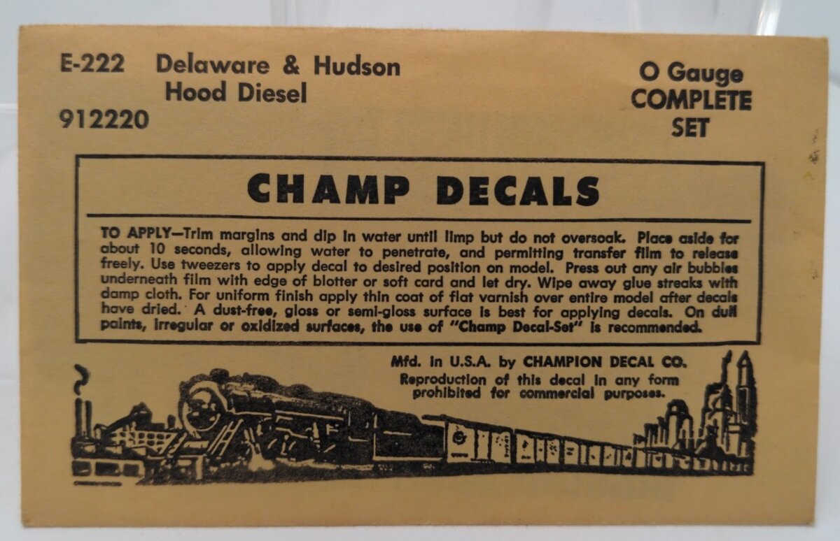 Champ Decals E-222 O Gauge Delaware & Hudson Hood Diesel Complete Set