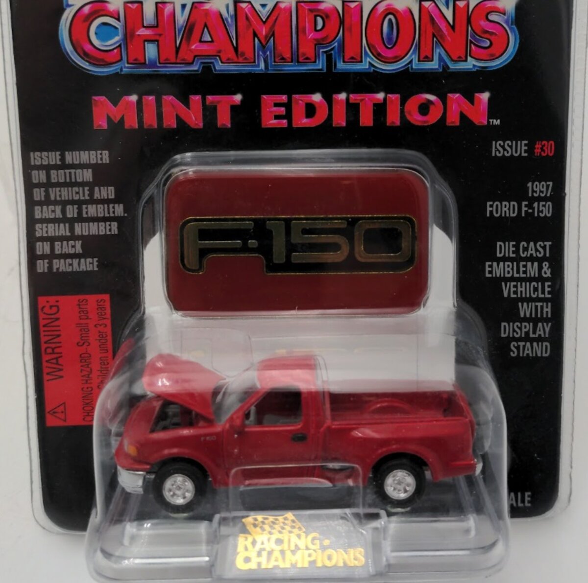 Racing Champions 30 1:63 Red 1997 Ford F150 Pick Up W/Diecast Emblem & Display