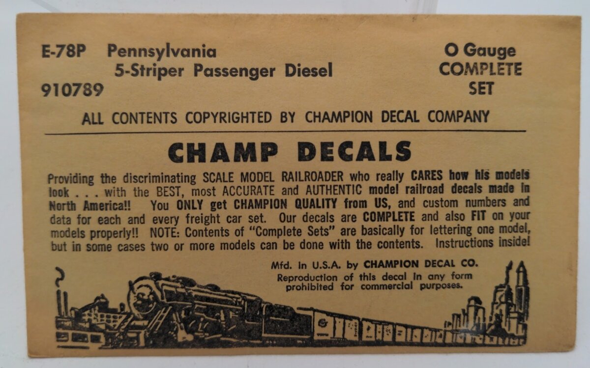 Champ Decals E-78P O Gauge Pennsylvania 5 Striper Passenger Diesel Complete Set