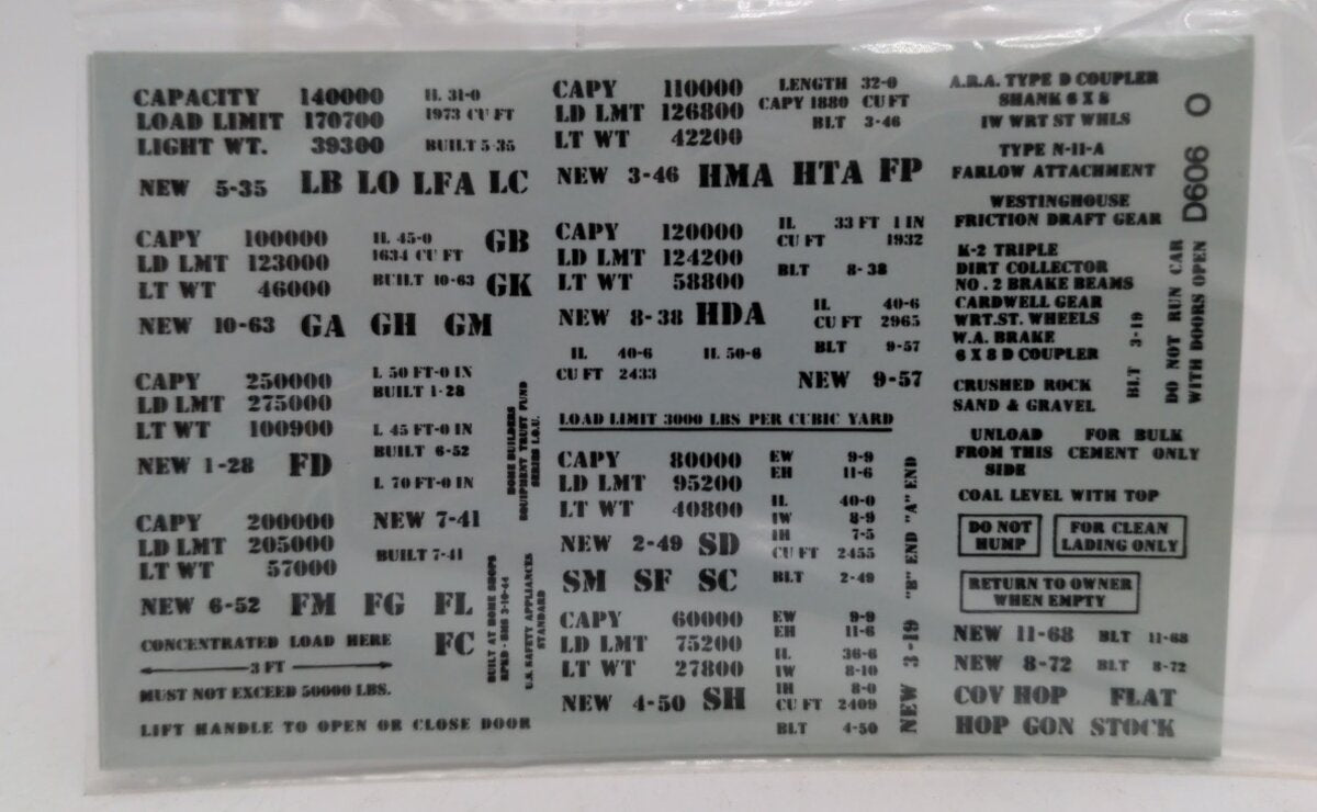 Walthers 936-706062 O Gauge Black Freight Dimensional Data Decal Set