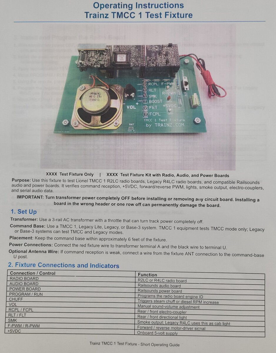 Trainz TMCC1-F2 TMCC Test Fixture with R2LC C08 PCB, RS, PS Circuit Boards