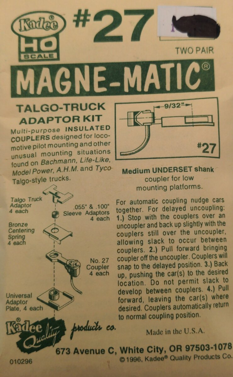 Kadee 27 HO Magne-Matic Talgo-Truck Adaptor Kit Two Pair