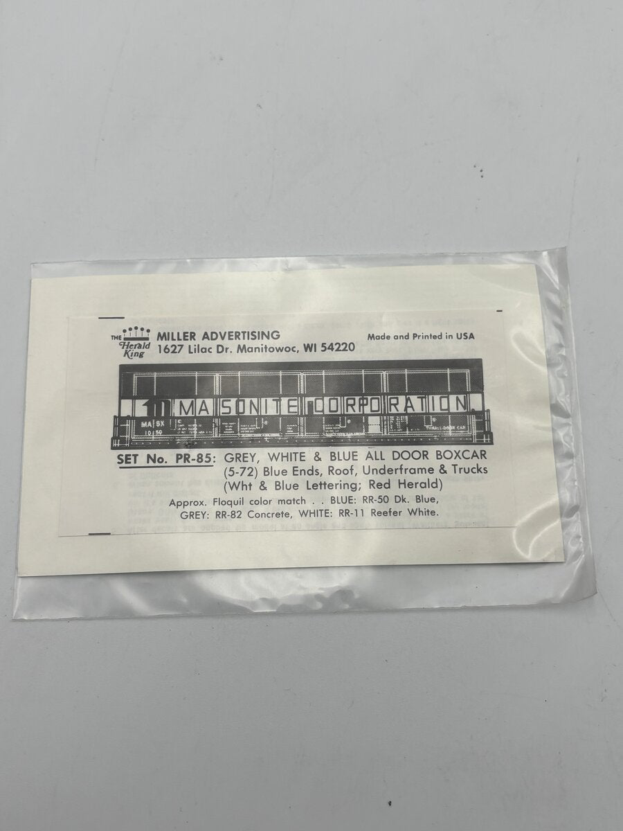 The Herald King PR-85 HO Grey, White, And Blue All Door Boxcar Decal