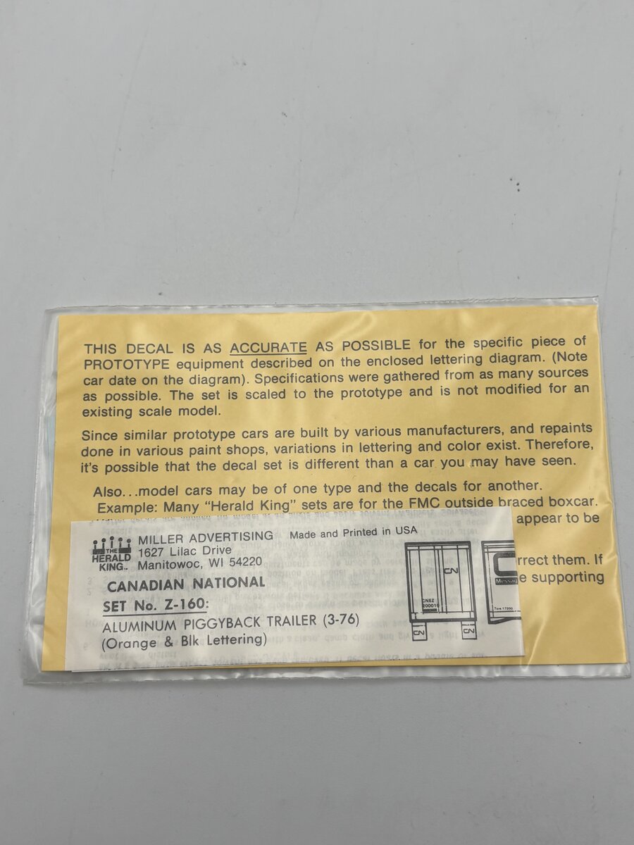 The Herald King Z-160 HO Canadian National Aluminum Piggyback Trailer Decal