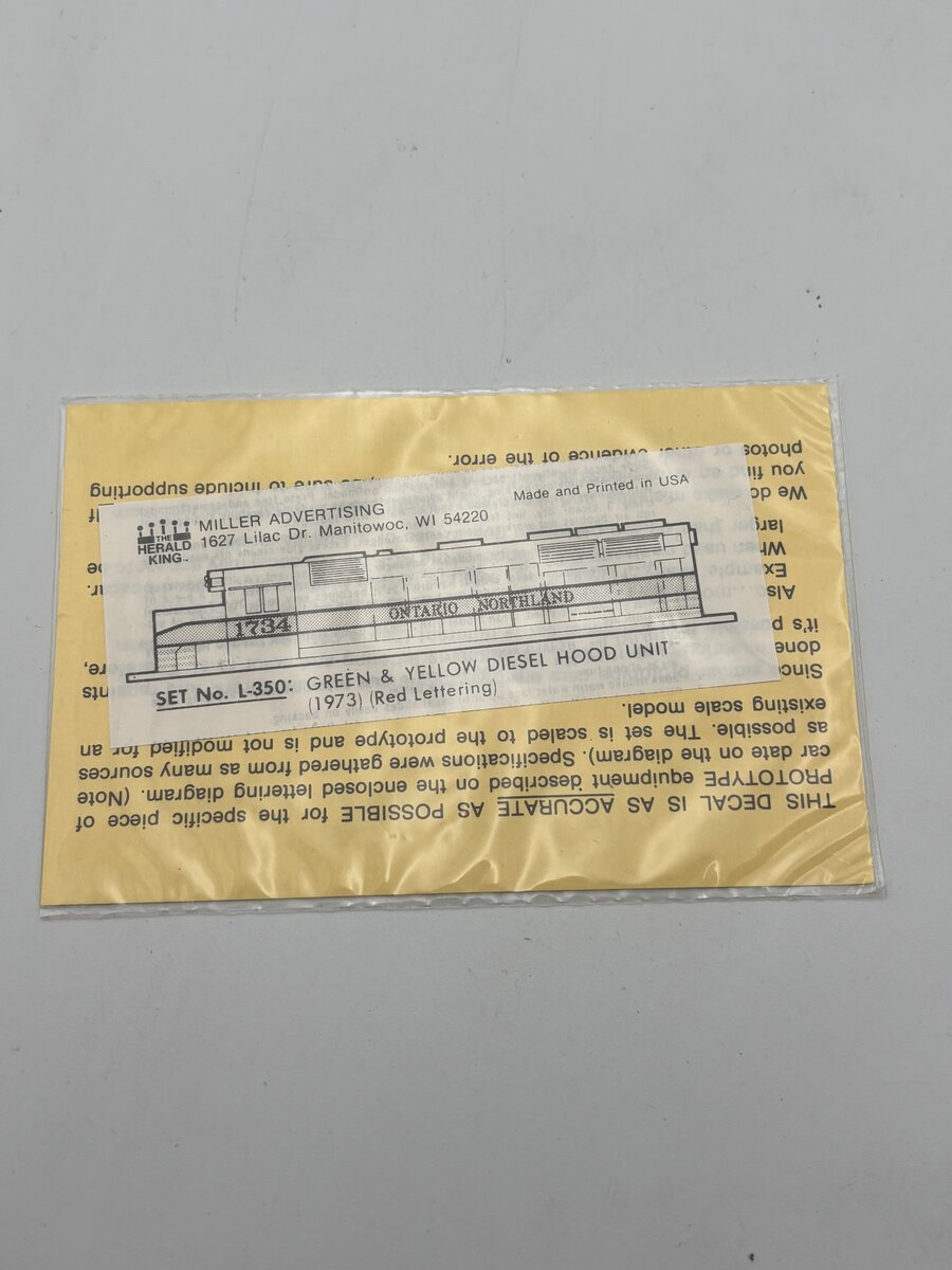 The Herald King L-350 HO Green & Yellow Diesel Hood Unit Red Lettering Decal