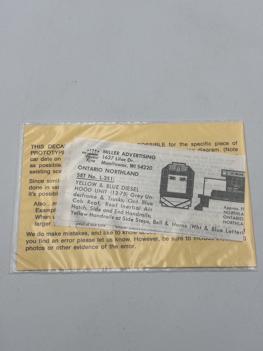 The Herald King L-351 HO Ontario Northland Yellow & Blue Diesel Hood Unit Decal