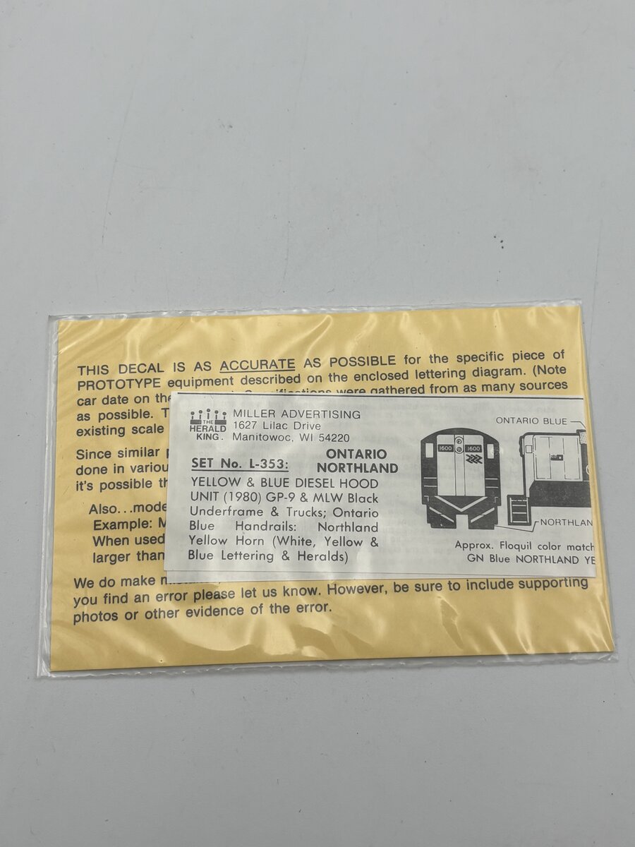 The Herald King L-353 HO Ontario Northland Yellow & Blue Diesel Hood Unit Decal