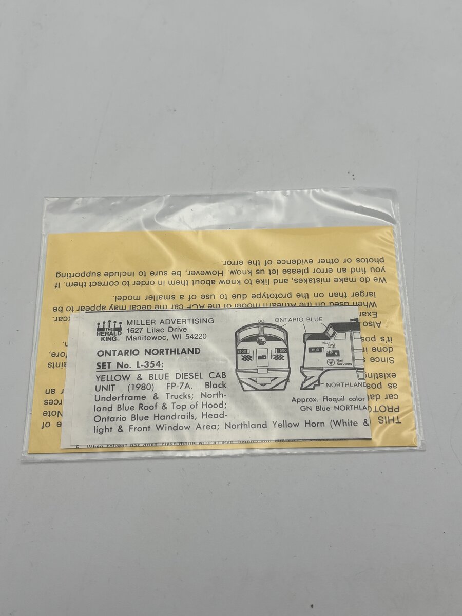 The Herald King L-354 HO Ontario Northland Yellow & Blue Diesel Cab Decal
