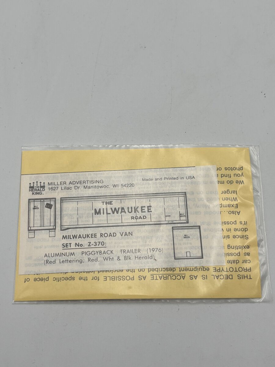 The Herald King Z-370 HO Milwaukee Road Van Aluminum Piggyback Trailer Decal