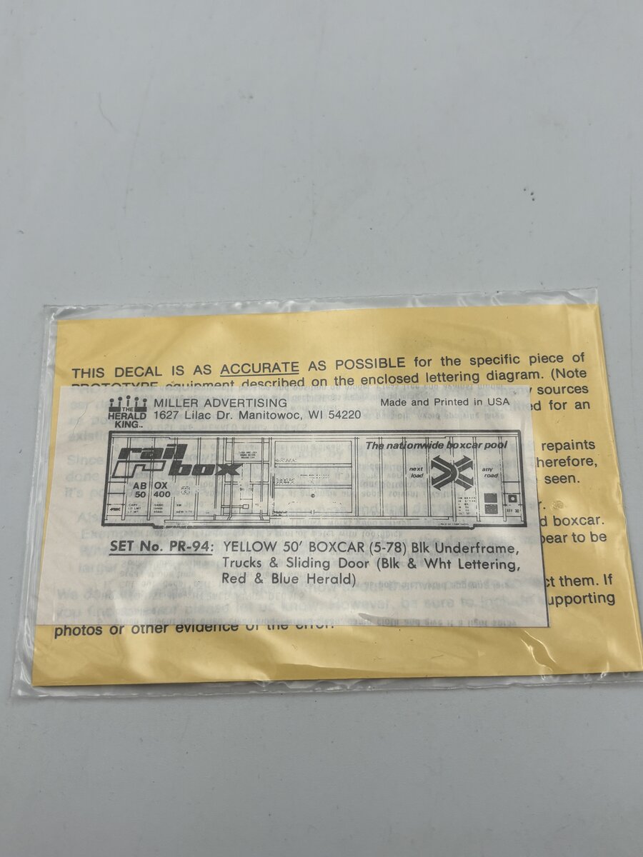 The Herald King PR-94 HO Yellow 50' Boxcar Black & White Lettering Decal