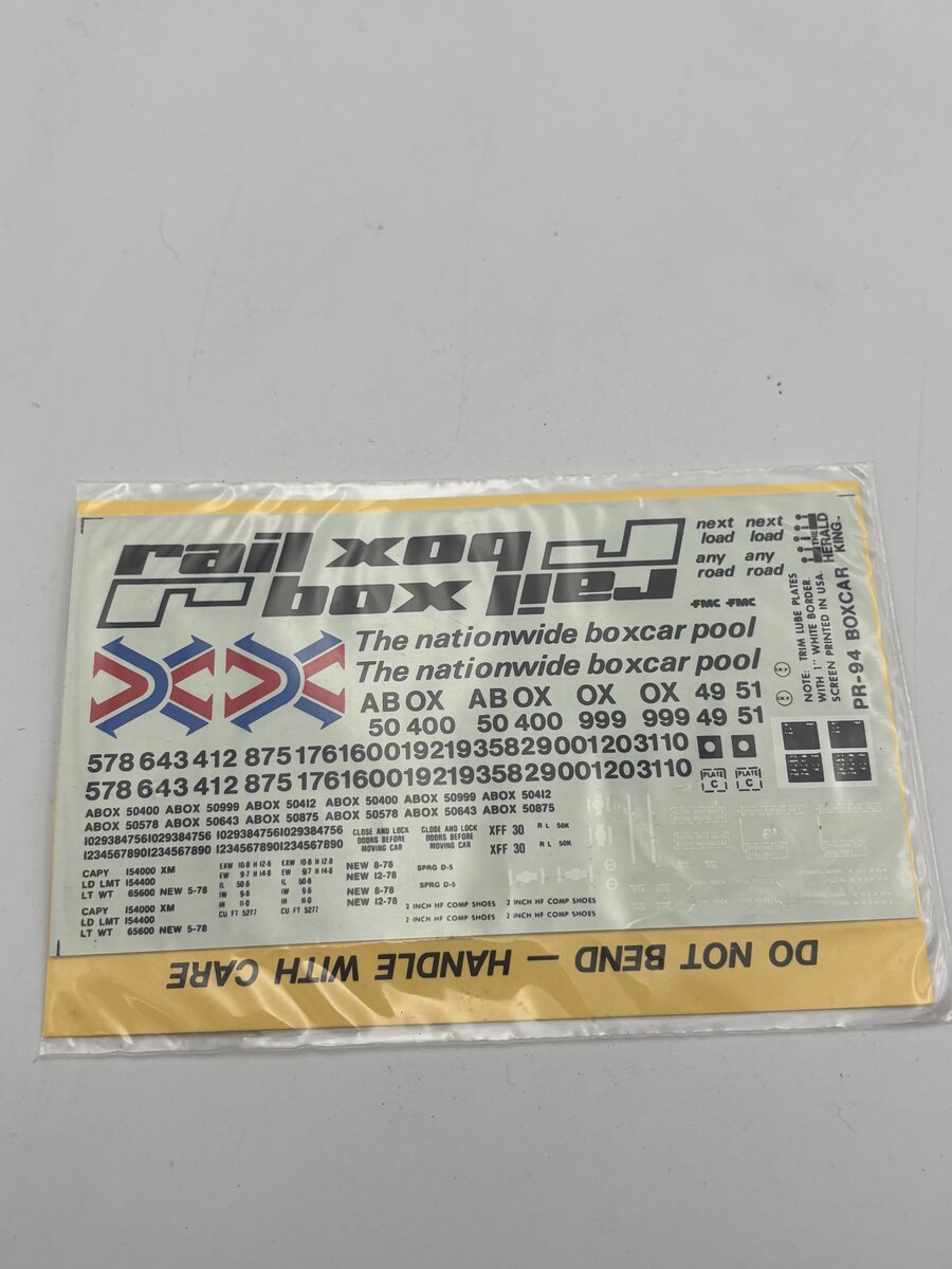 The Herald King PR-94 HO Yellow 50' Boxcar Black & White Lettering Decal